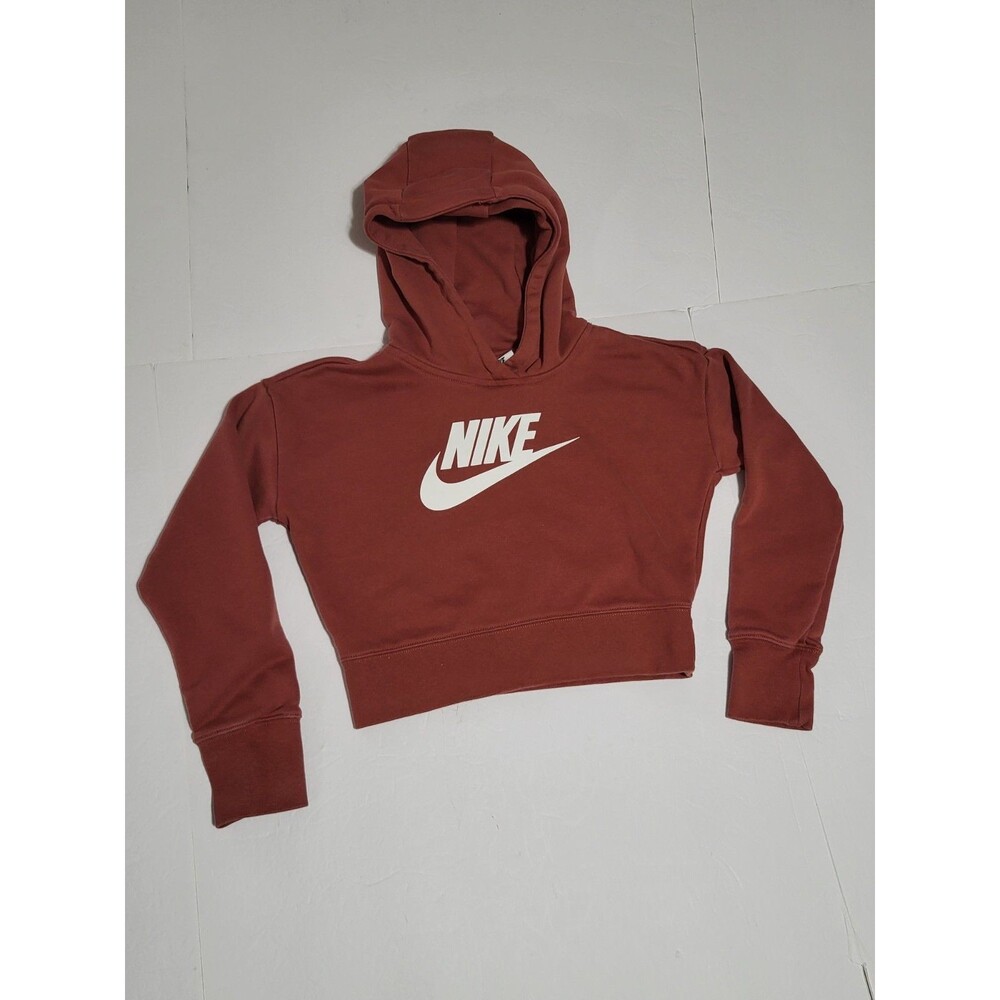 (FD) Nike Youth Girls Medium Brown Cropped Hoodie Sweatshirt Size M LONG SLEEVE
